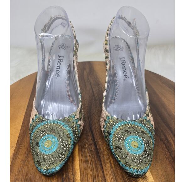 J. Renee' Stunning Gorgeous Camelia Fabric Turquoise Brown Tan 4" Heels 10M - Picture 1 of 10